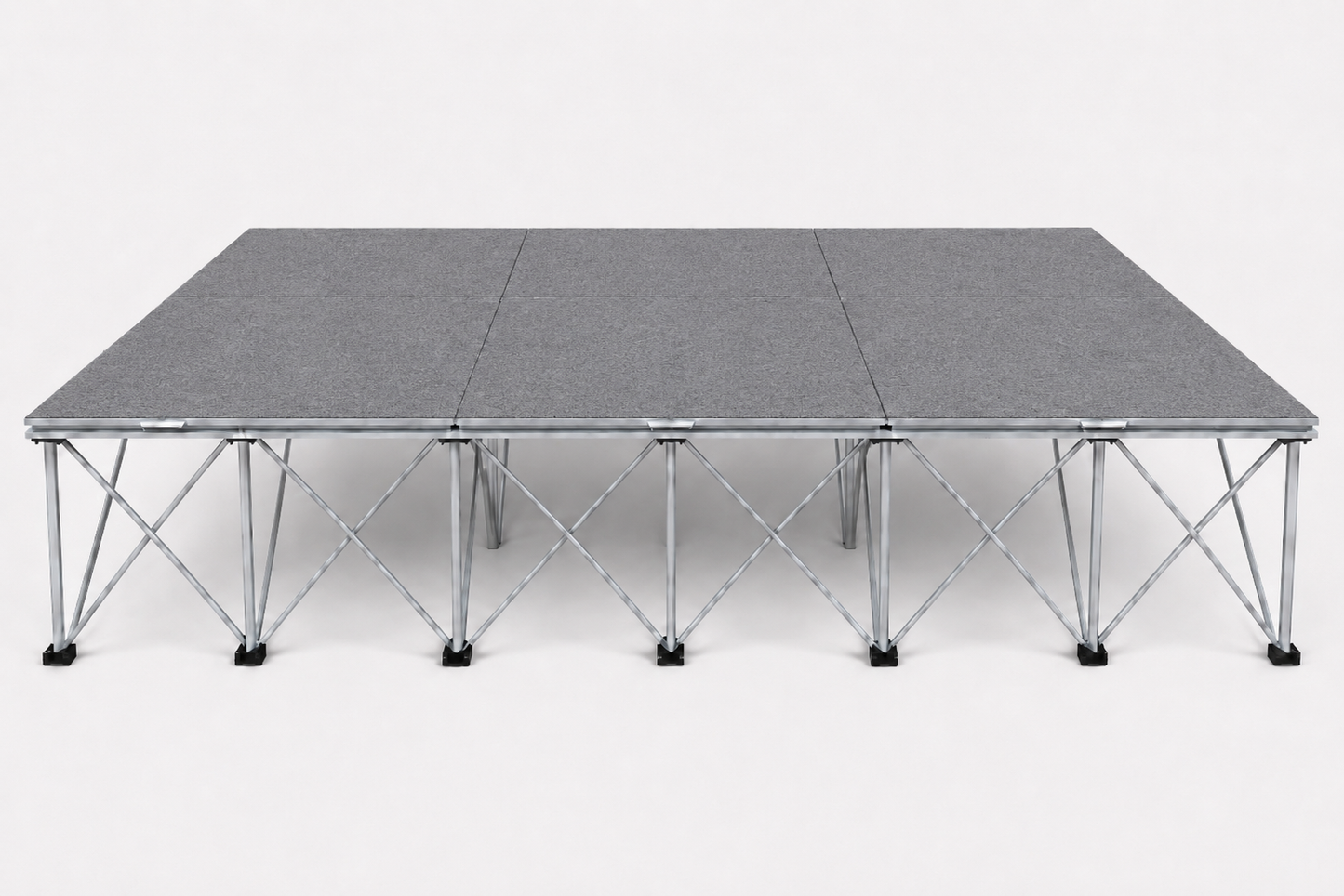 LimeLight Stages 12' x 8' portable stage, 32 inches high, with gray carpet finish.