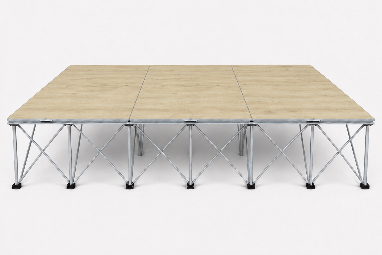 LimeLight Stages 12' x 8' modular portable stage, 32 inches high, with wood laminate finish.