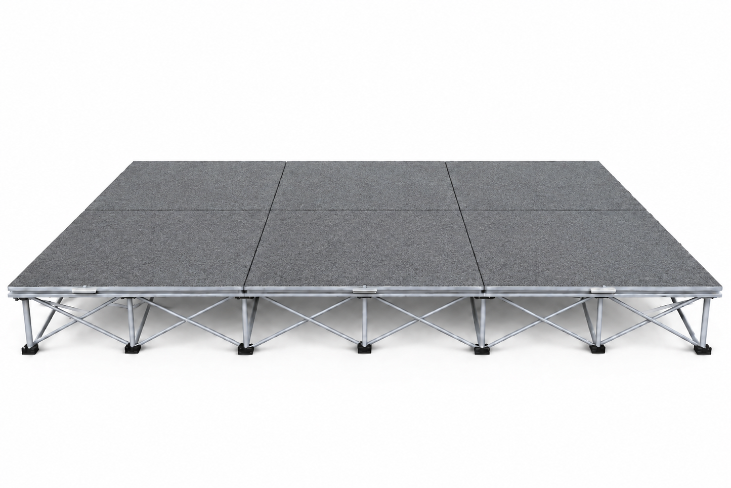 LimeLight Stages 12' x 8' modular portable stage, 8 inches high, with gray carpet finish.
