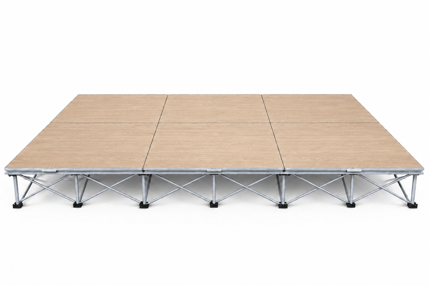 LimeLight Stages 12' x 8' modular stage, 8 inches high, with wood laminate finish.