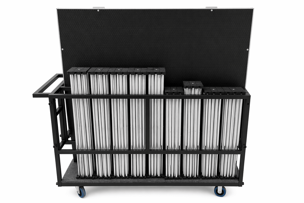 LimeLight L4CART loaded with portable stage platforms and risers, shown from the side.