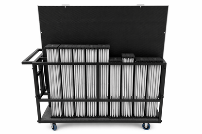 LimeLight L4CART loaded with portable stage platforms and risers, shown from the side.