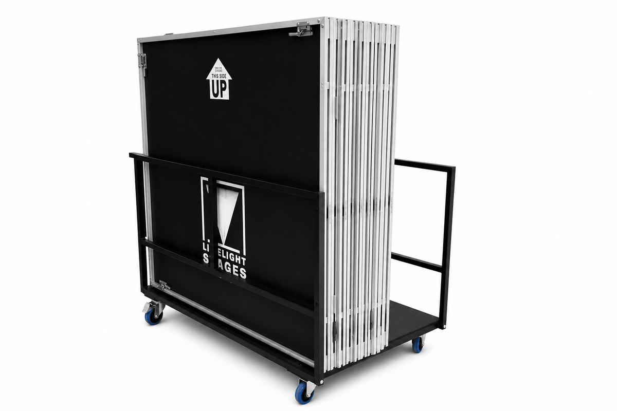 LimeLight cart loaded with Lite Series portable stage platforms, shown from the side with the LimeLight logo.