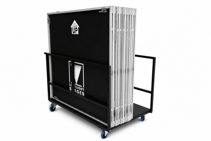 LimeLight cart loaded with Lite Series portable stage platforms, shown from the side with the LimeLight logo.