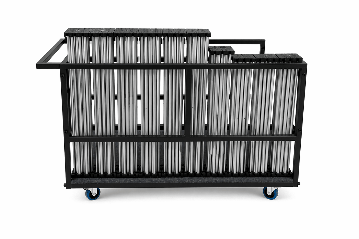LimeLight L4CART fully loaded with portable stage risers, shown from the side.