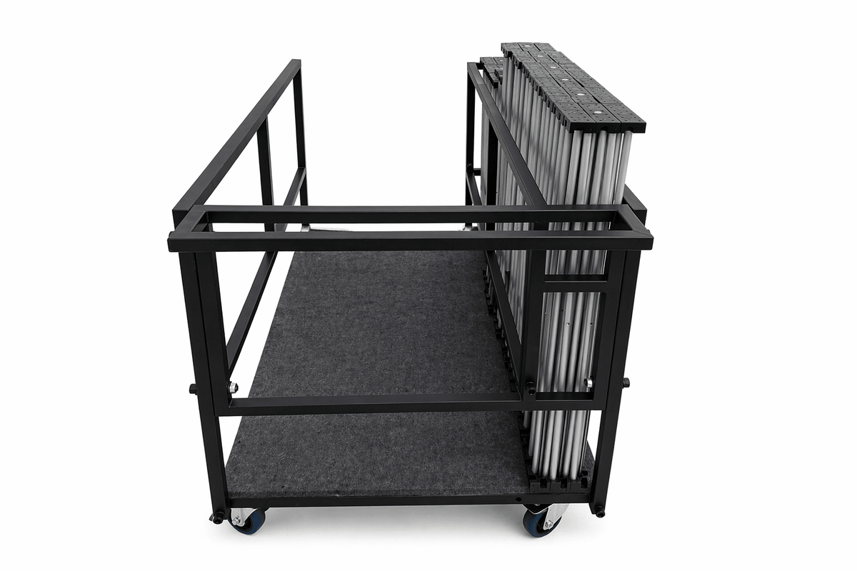 LimeLight L4CART loaded with portable stage risers, shown from the side.