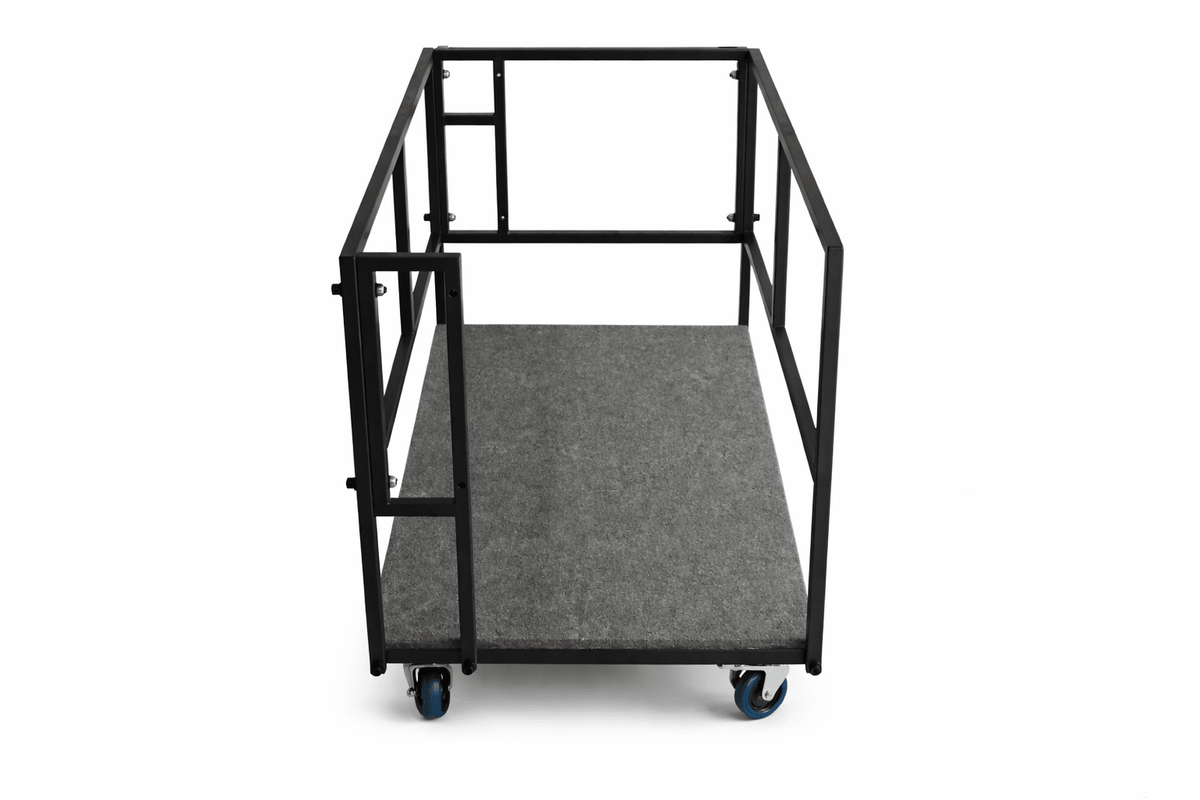 LimeLight Stages heavy-duty portable stage storage cart with black powder-coated steel frame, carpeted deck, and locking casters, designed to safely transport and store LimeLight 4'x4' modular stage platforms.