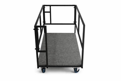 LimeLight Stages heavy-duty portable stage storage cart with black powder-coated steel frame, carpeted deck, and locking casters, designed to safely transport and store LimeLight 4'x4' modular stage platforms.
