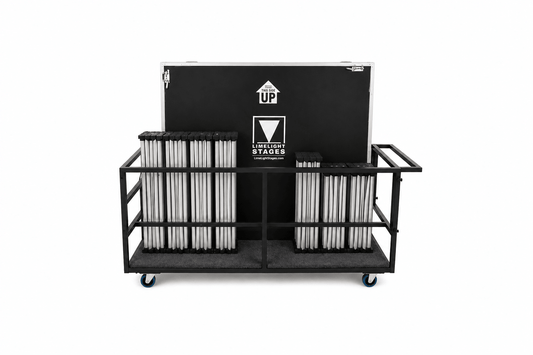 LimeLight transportation cart holding portable stage platforms and risers, shown from the side.