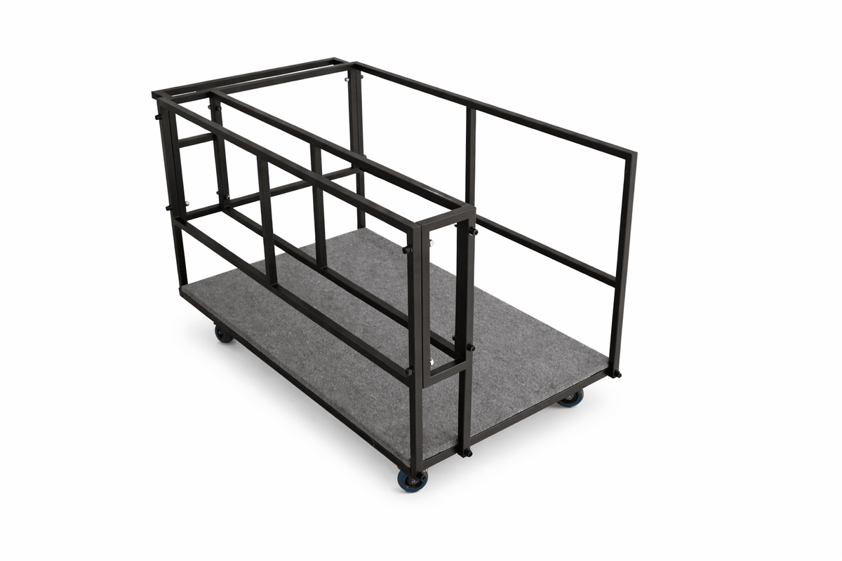 LimeLight Stages heavy-duty portable stage storage cart with black powder-coated steel frame, carpeted deck, and locking casters, designed to safely transport and store LimeLight 4'x4' modular stage platforms.