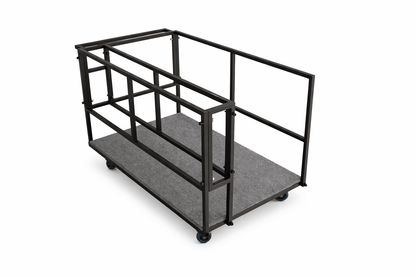 LimeLight Stages heavy-duty portable stage storage cart with black powder-coated steel frame, carpeted deck, and locking casters, designed to safely transport and store LimeLight 4'x4' modular stage platforms.