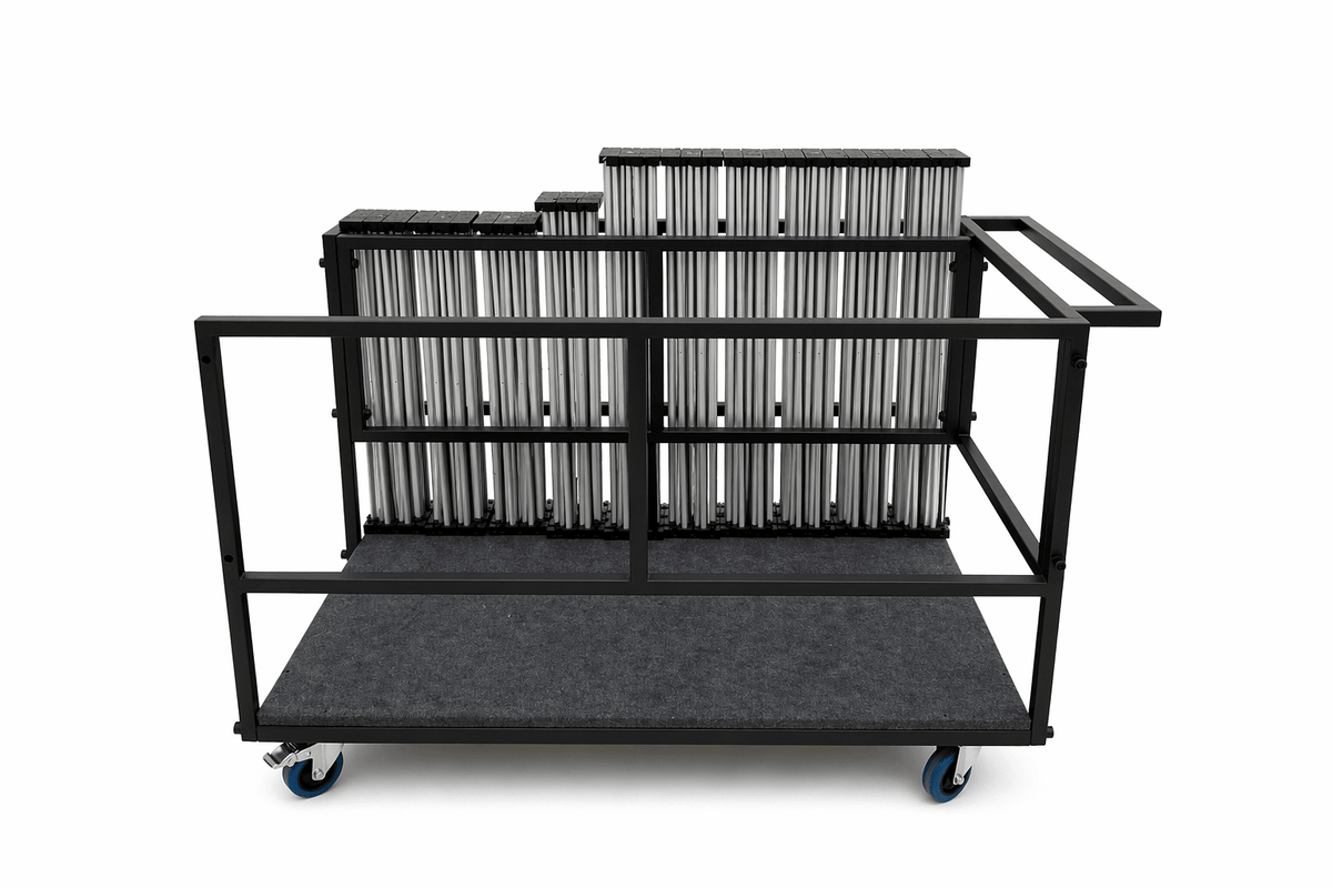 LimeLight L4CART loaded with portable stage risers for organized storage and transport.
