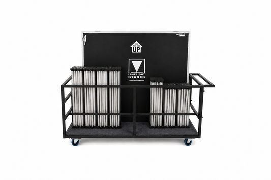 LimeLight transportation cart holding portable stage platforms and risers, shown from the side.
