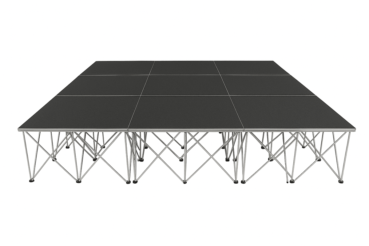 LimeLight Lite Series 12x12 modular stage platform in Black HexCoat Laminate at 24" height. Ideal for schools, churches, and event professionals.