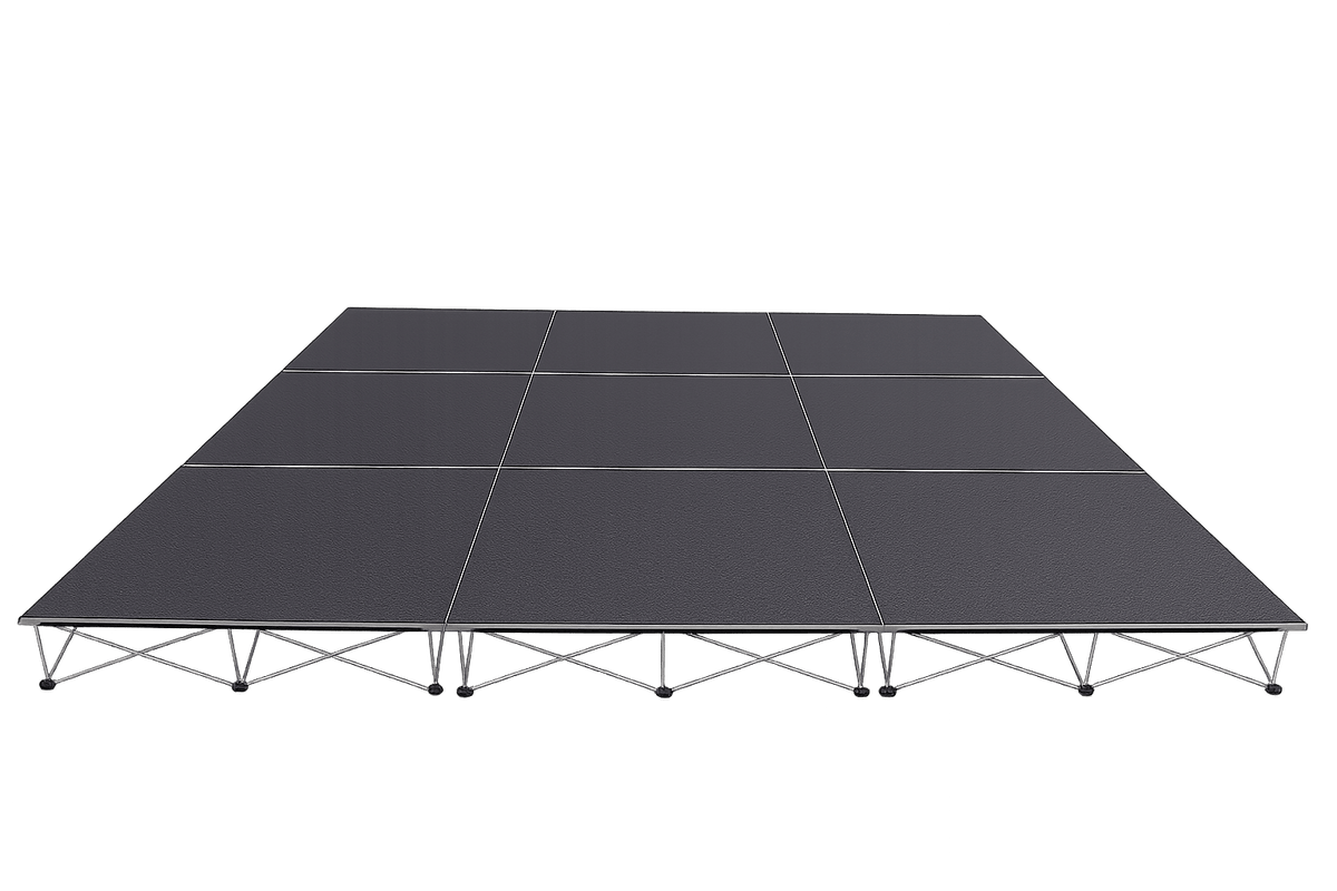 LimeLight Lite Series 12x12 modular stage platform in Black HexCoat Laminate at 8" height. Ideal for schools, churches, and event professionals.