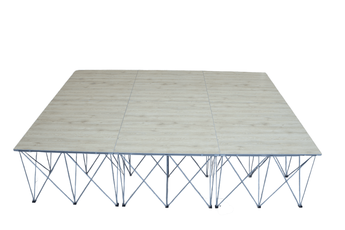 LimeLight Lite Series 12x12 modular stage platform in Wood Laminate at 16" height. Ideal for schools, churches, and event professionals.