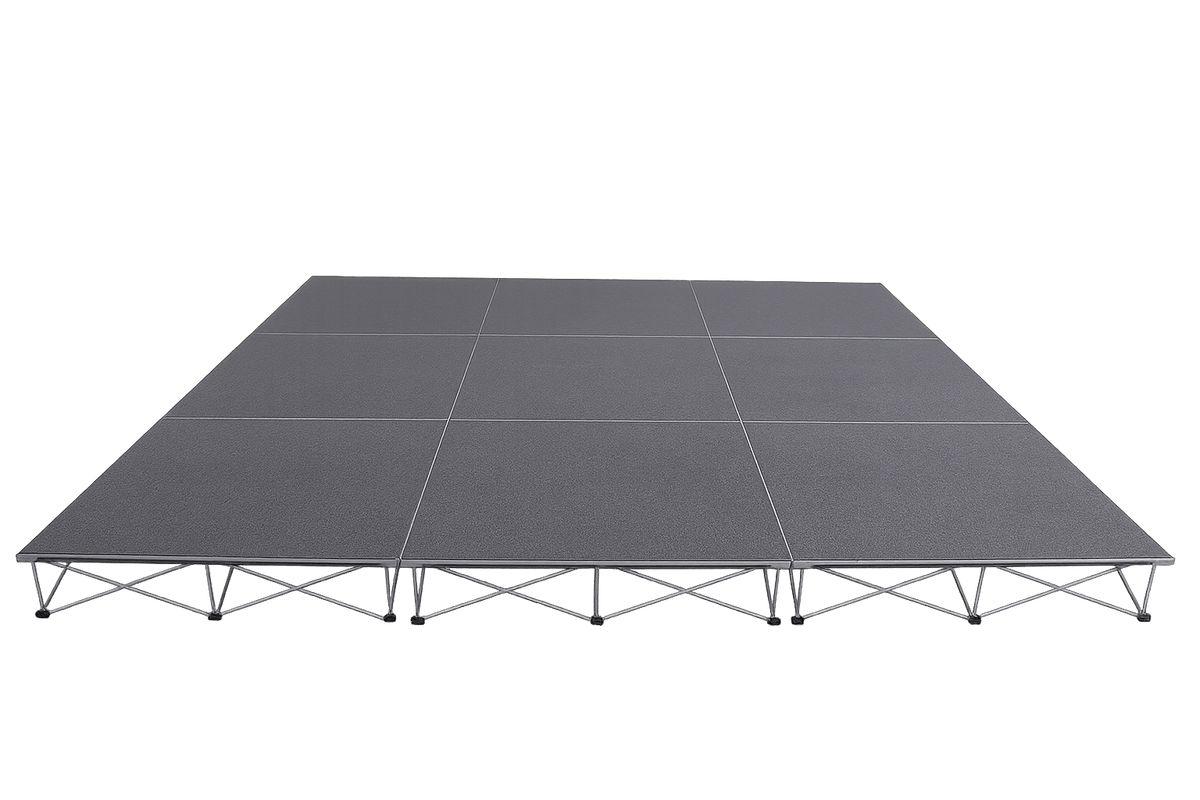 LimeLight Lite Series 12x12 modular stage platform in Grey Carpet at 8" height. Ideal for schools, churches, and event professionals.