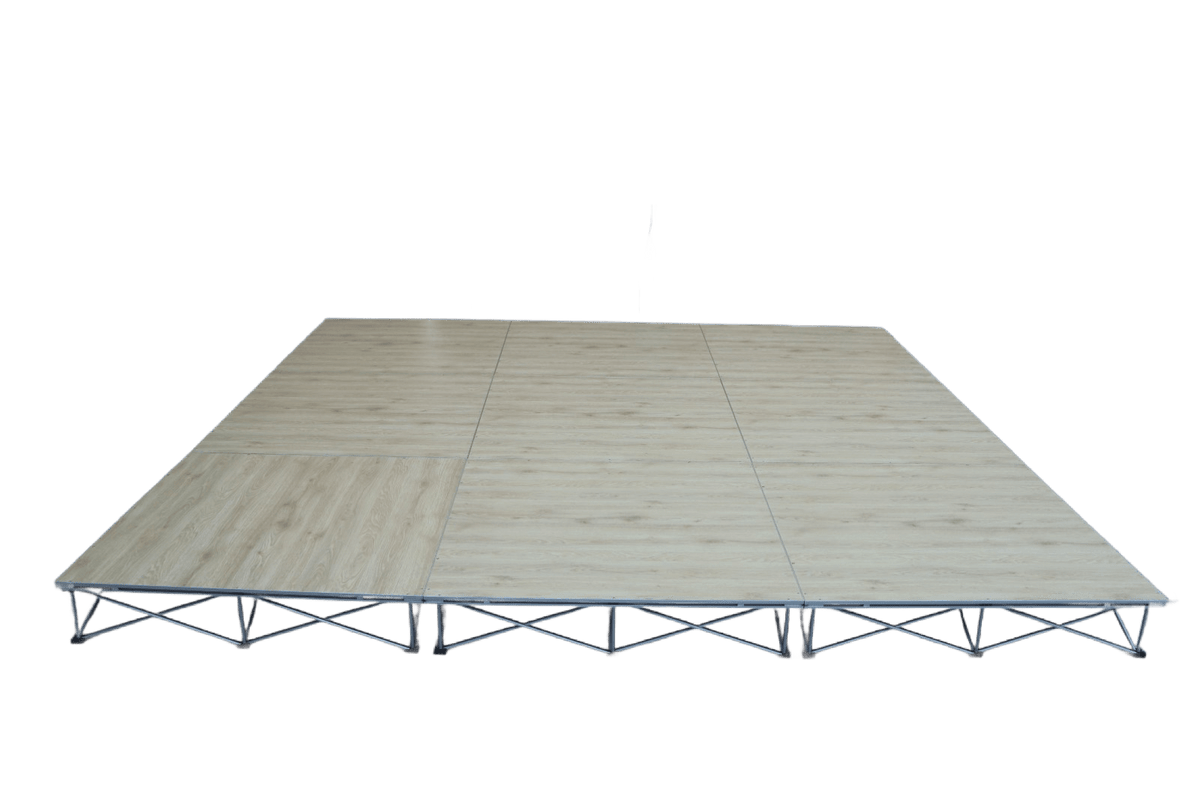LimeLight Lite Series 12x12 modular stage platform in Wood Laminate at 8" height. Ideal for schools, churches, and event professionals.