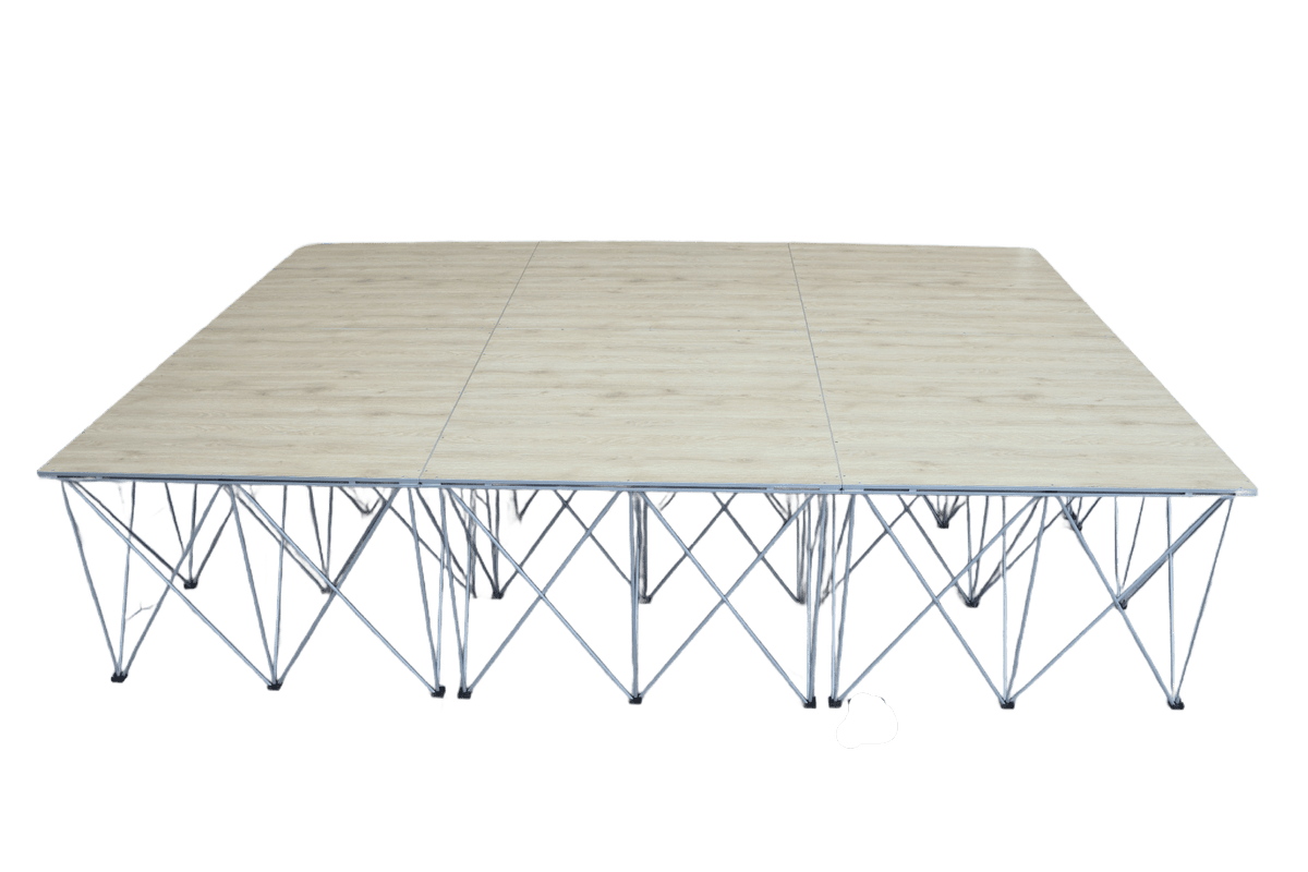 LimeLight Lite Series 12x12 modular stage platform in Wood Laminate at 32" height. Ideal for schools, churches, and event professionals.