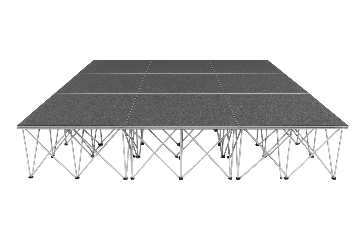 LimeLight Lite Series 12x12 modular stage platform in Grey Carpet at 16" height. Ideal for schools, churches, and event professionals.