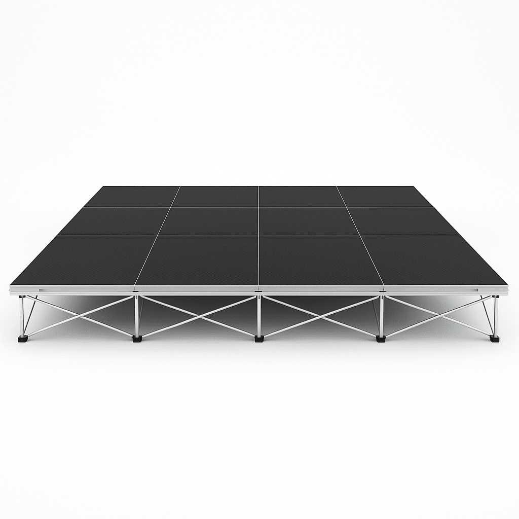 LimeLight Lite Series 16x12 modular stage platform in Black HexCoat Laminate at 8" height. Ideal for schools, churches, and event professionals.