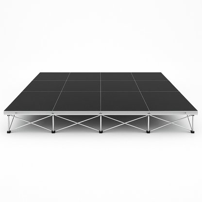 LimeLight Lite Series 16x12 modular stage platform in Black HexCoat Laminate at 8" height. Ideal for schools, churches, and event professionals.