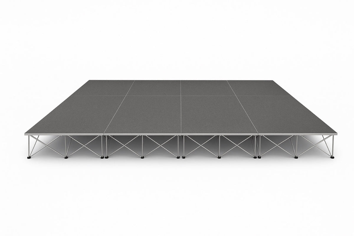 LimeLight Lite Series 16x12 modular stage platform in Grey Carpet at 16" height. Ideal for schools, churches, and event professionals.