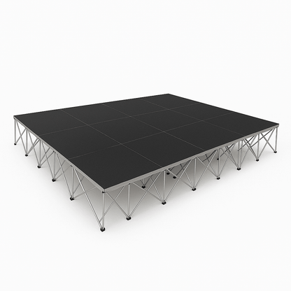 LimeLight Lite Series 16x12 modular stage platform in Black HexCoat Laminate at 32" height. Ideal for schools, churches, and event professionals.