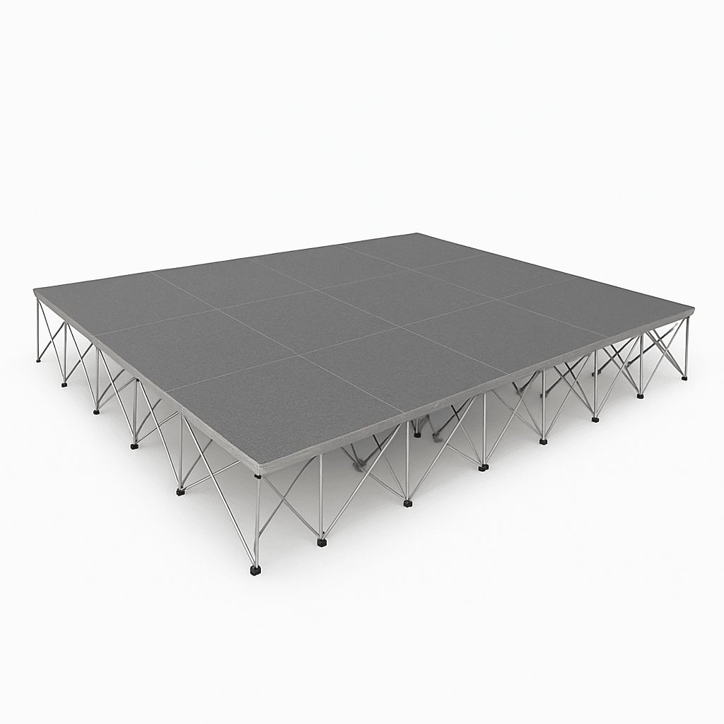 LimeLight Lite Series 16x12 modular stage platform in Grey Carpet at 32" height. Ideal for schools, churches, and event professionals.