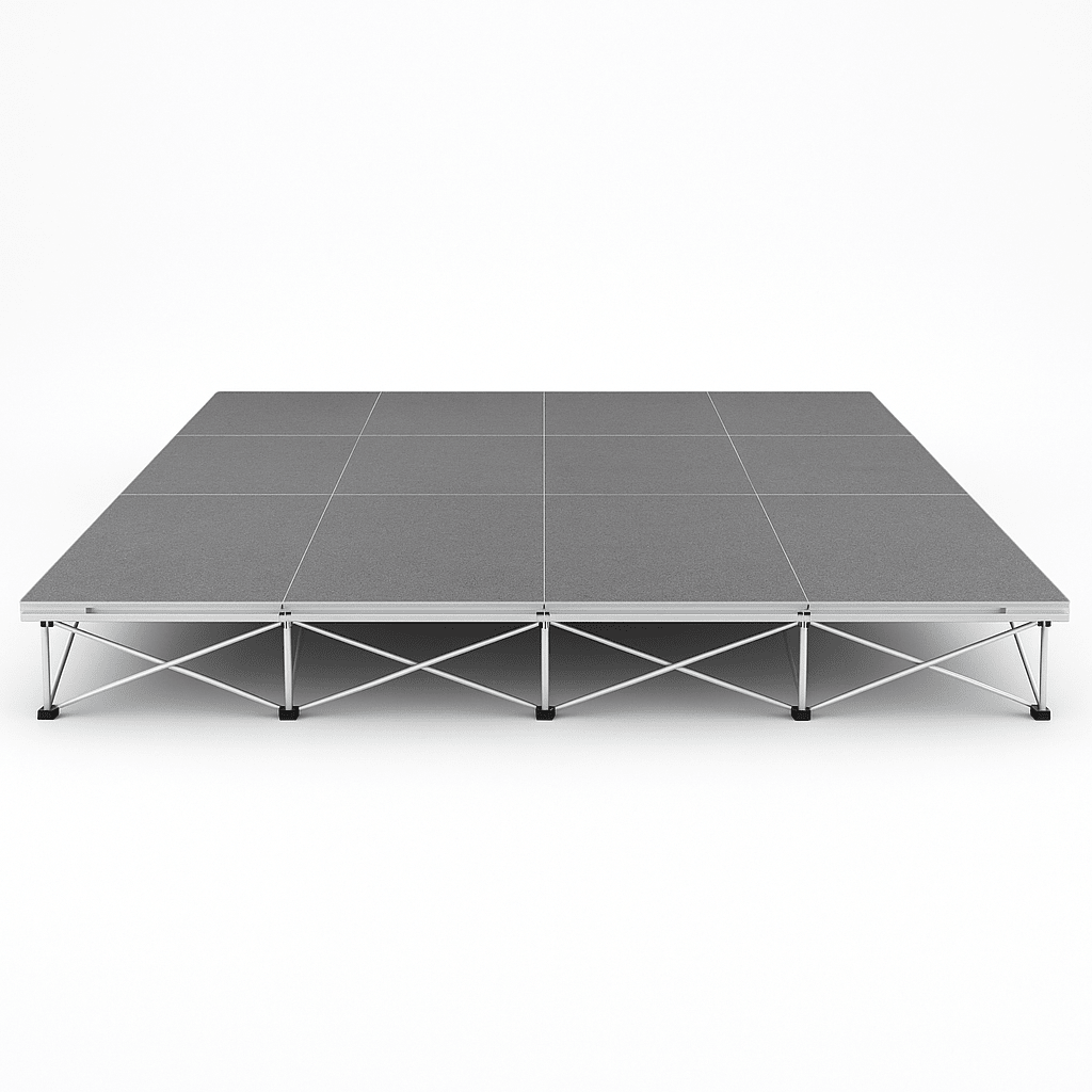 LimeLight Lite Series 16x12 modular stage platform in Grey Carpet at 8" height. Ideal for schools, churches, and event professionals.
