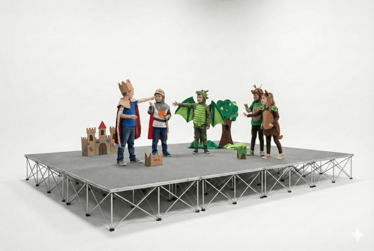 Children in costumes with props on a LimeLight Lite Series 16x12 modular stage platform in Grey Carpet at 16" height. Ideal for schools, churches, and event professionals.