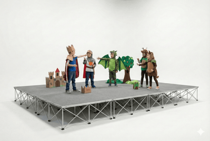 Children in costumes with props on a LimeLight Lite Series 16x12 modular stage platform in Grey Carpet at 16" height. Ideal for schools, churches, and event professionals.