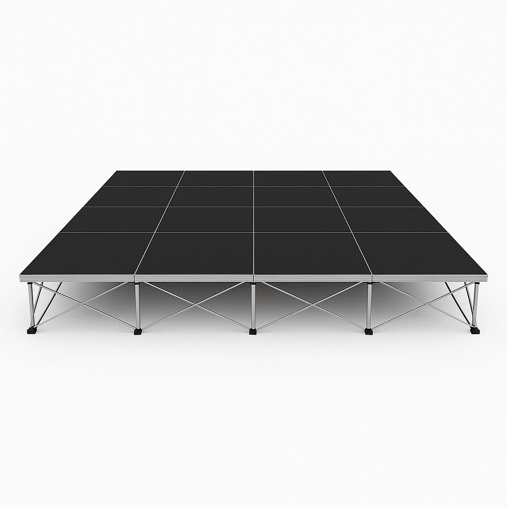 LimeLight Lite Series 16x16 modular stage platform in Black HexCoat Laminate at 8" height. Ideal for schools, churches, and event professionals.