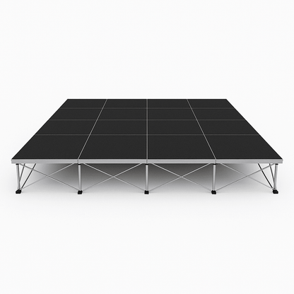 LimeLight Lite Series 16x16 modular stage platform in Black HexCoat Laminate at 8" height. Ideal for schools, churches, and event professionals.