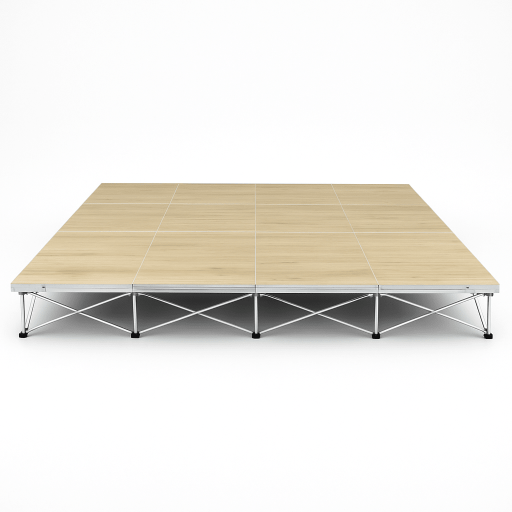 LimeLight 16' x 16' modular portable stage, 8 inches high, with wood laminate finish.