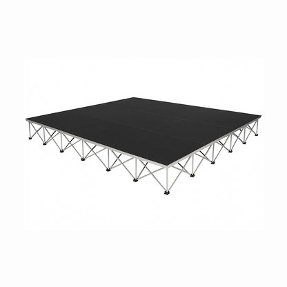 LimeLight Lite Series 16x16 modular stage platform in Black HexCoat Laminate at 16" height. Ideal for schools, churches, and event professionals.