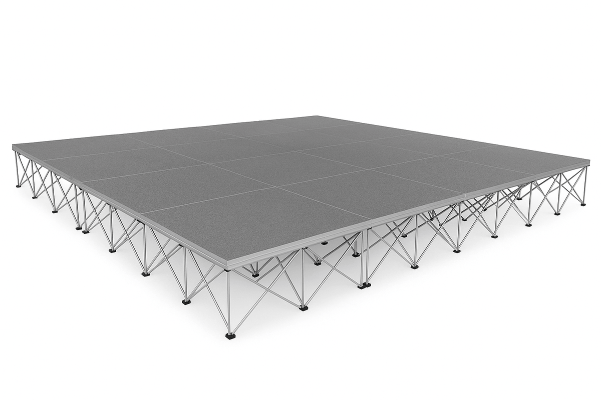 LimeLight Lite Series 16x16 modular stage platform in Grey Carpet at 24" height. Ideal for schools, churches, and event professionals.
