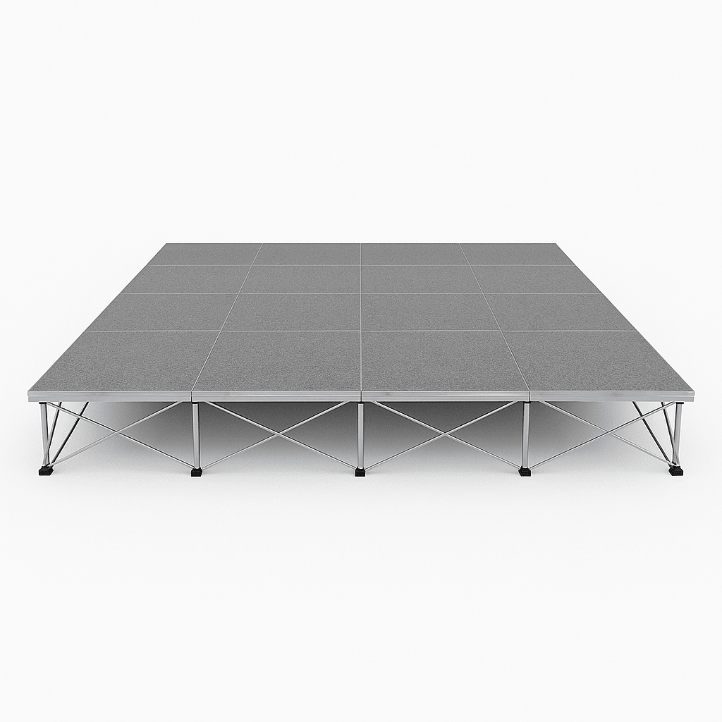 LimeLight Lite Series 16x16 modular stage platform in Grey Carpet at 8" height. Ideal for schools, churches, and event professionals.