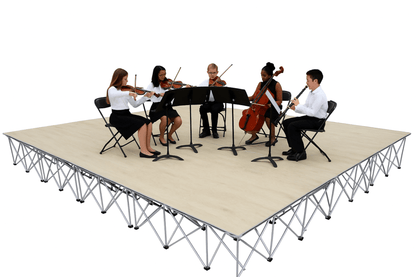 Musicians playing string instruments on a LimeLight Lite Series 16x16 modular stage platform in Wood Laminate at 16" height. Ideal for schools, churches, and event professionals.