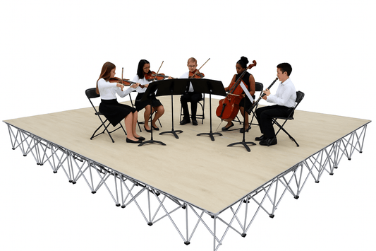 Musicians playing string instruments on a LimeLight Lite Series 16x16 modular stage platform in Wood Laminate at 16" height. Ideal for schools, churches, and event professionals.