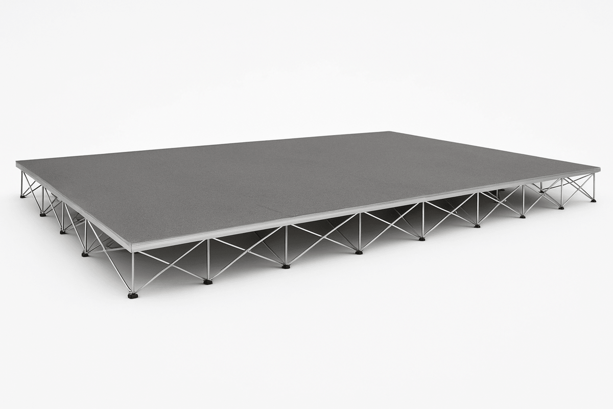 LimeLight 20' x 12' portable modular stage, 8 inches high, with gray carpet finish.