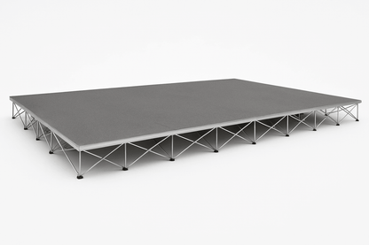 LimeLight 20' x 12' portable modular stage, 8 inches high, with gray carpet finish.