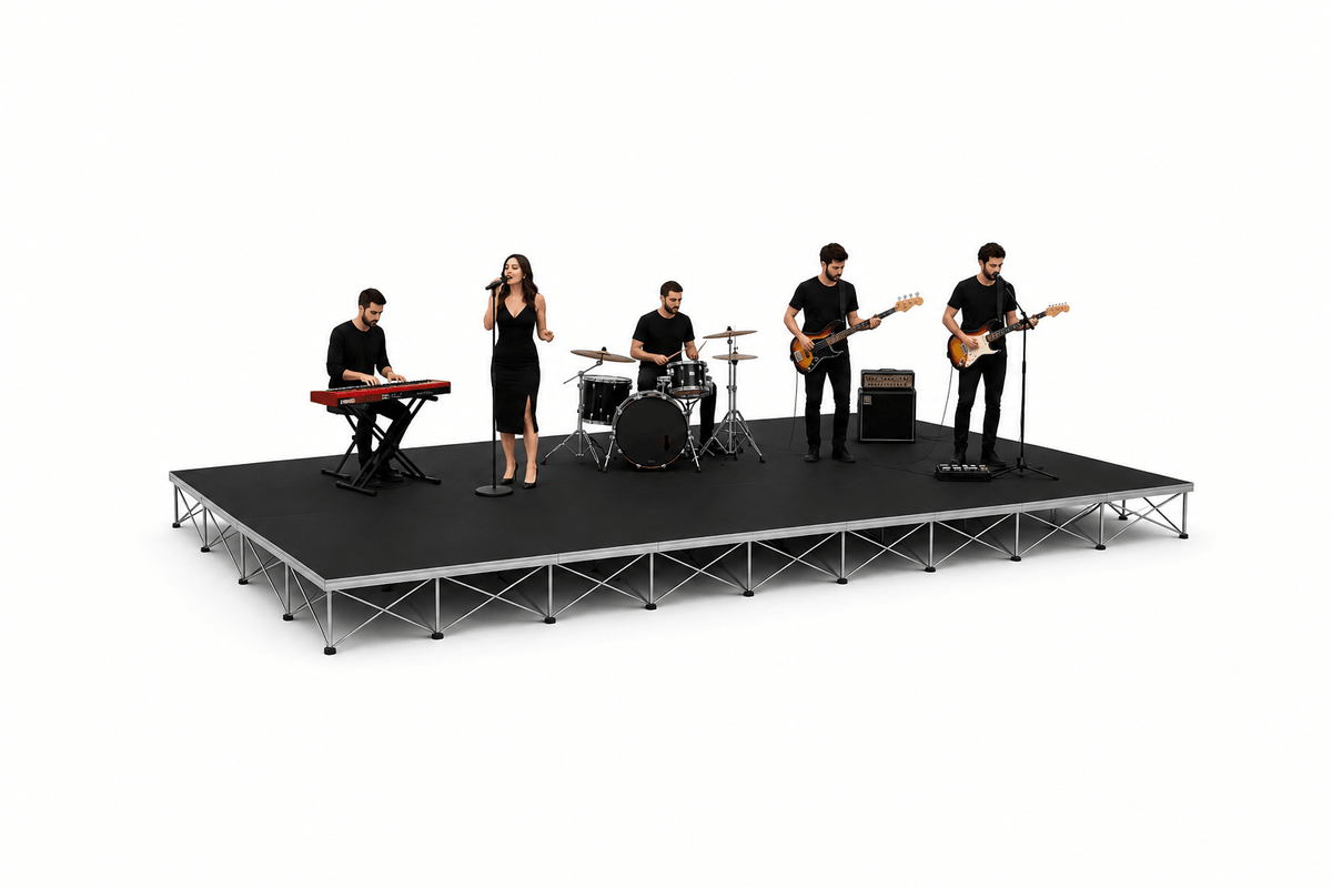 Live band performing on a LimeLight portable stage at a pop-up event.