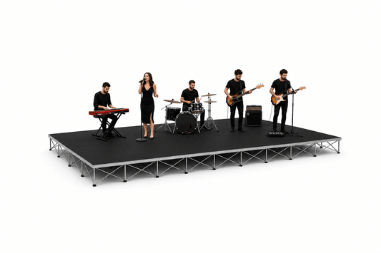 Live band performing on a LimeLight portable stage at a pop-up event.