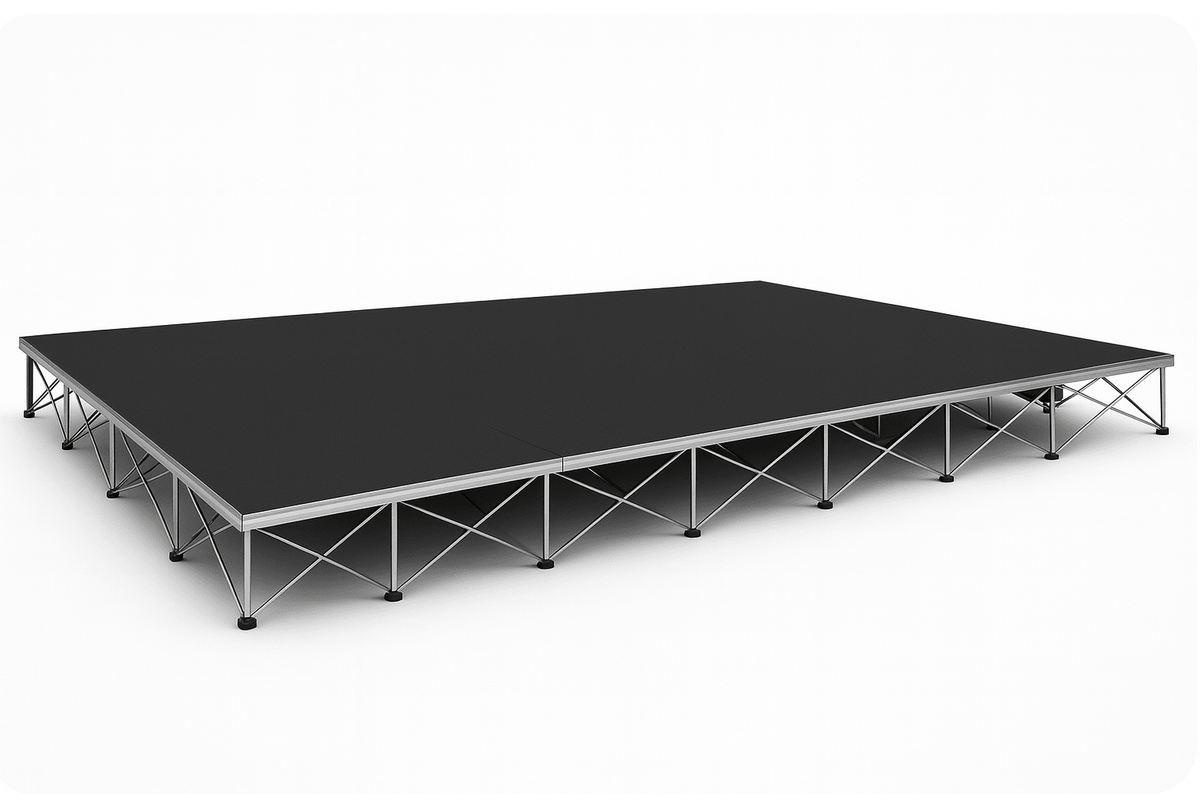 LimeLight 20x12 portable stage platform at 8 inch height with black hexcoat finish. Durable, lightweight staging solution ideal for schools, churches, and event professionals