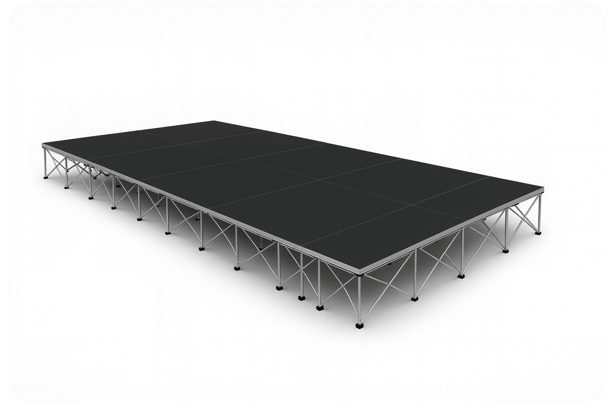 LimeLight 24x12 portable stage platform at 24 inch height in black Hexcoat finish. Ideal for churches, worship services, and event professionals.