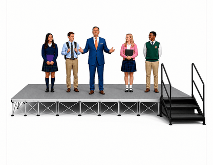 Teacher and students on a LimeLight modular school stage with stairs.