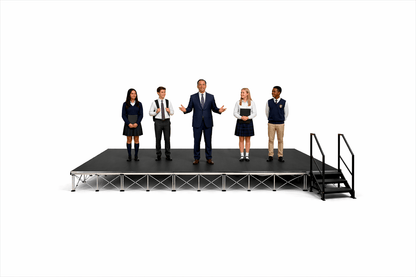 Students standing on a LimeLight 24x12 portable stage platform at 16 inch height with one set of stairs in Hexcoat finish. Ideal for school events, assemblies, and performances.