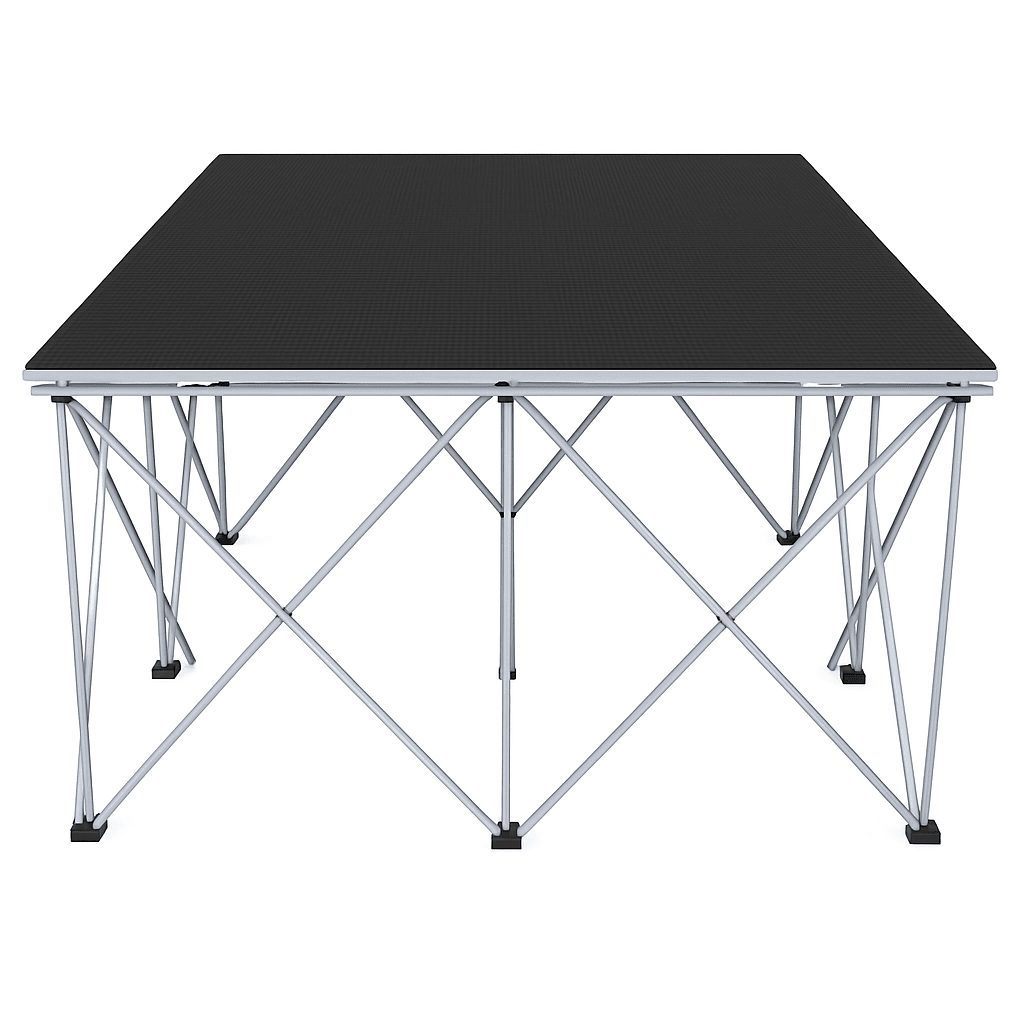 LimeLight Lite Series 4x4 stage riser in Black HexCoat Laminate at 32" height. Ideal for schools, churches, and event professionals.