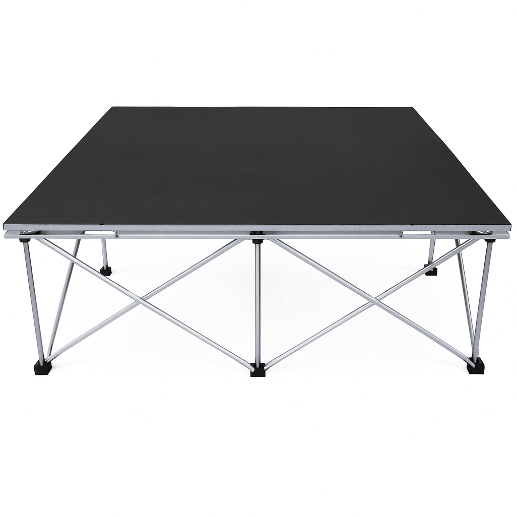 LimeLight Lite Series 4x4 stage riser in Black HexCoat Laminate at 24" height. Ideal for schools, churches, and event professionals.